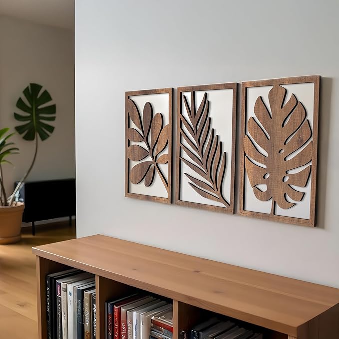 qmmp Modern Wooden Wall Sculptures - Set of 3 - Home Decor Accent - Large Wall Art for Living Room, Bedroom, Office - Easy Installation (Walnut, Medium - Tree Leaves)