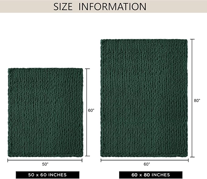 Chunky Knit Throw Blanket 50"X 60", 100% Handmade with Soft Chenille Yarn, 4.4lbs Thick Cable Knitted Blankets, Large Rope Knot Crochet Throws for Couch Sofa Bed Home Decor, Dark Green