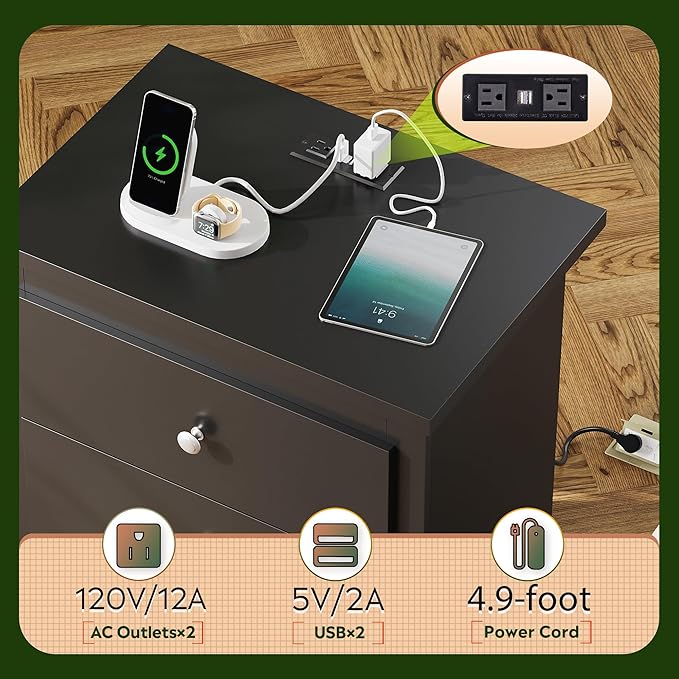 WLIVE Tall Nightstand with Charging Station, Wood Night Stand with 3 Drawers Storage, Bedside Table End Side Tables with 2 USB Ports and Outlets for Bedroom, Closet, Black