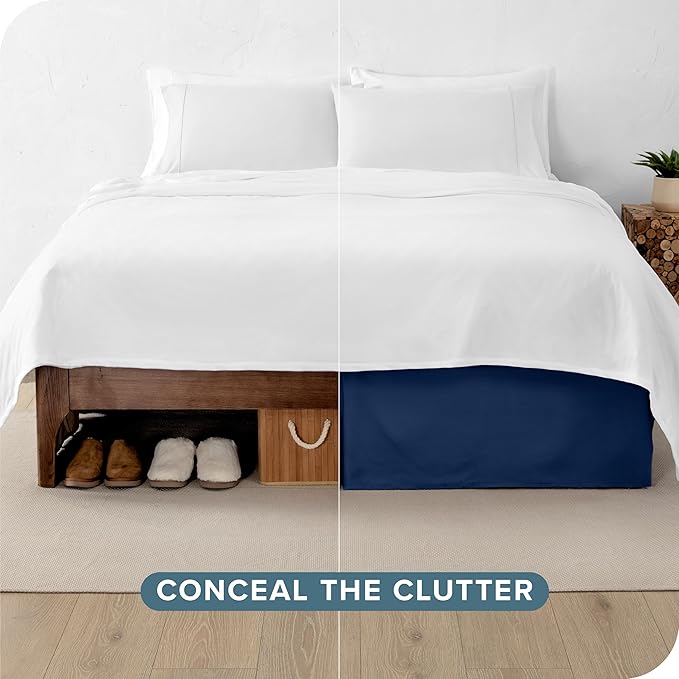 Bare Home Full Bed Skirt - 15-Inch Tailored Drop Easy Fit - Bed Skirt for Beds - Center & Corner Pleats (Full, Dark Blue)