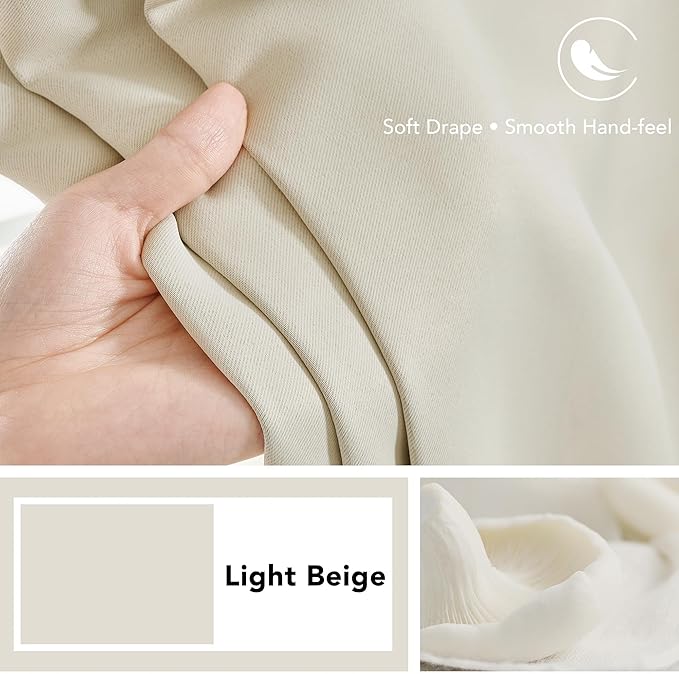Deconovo Blackout Curtains, Thermal Insulated, W70 x L63 2 Panels, Back Tab, Machine Washable, Room-Darkening Drapes for Bedroom/Living Room Light Beige