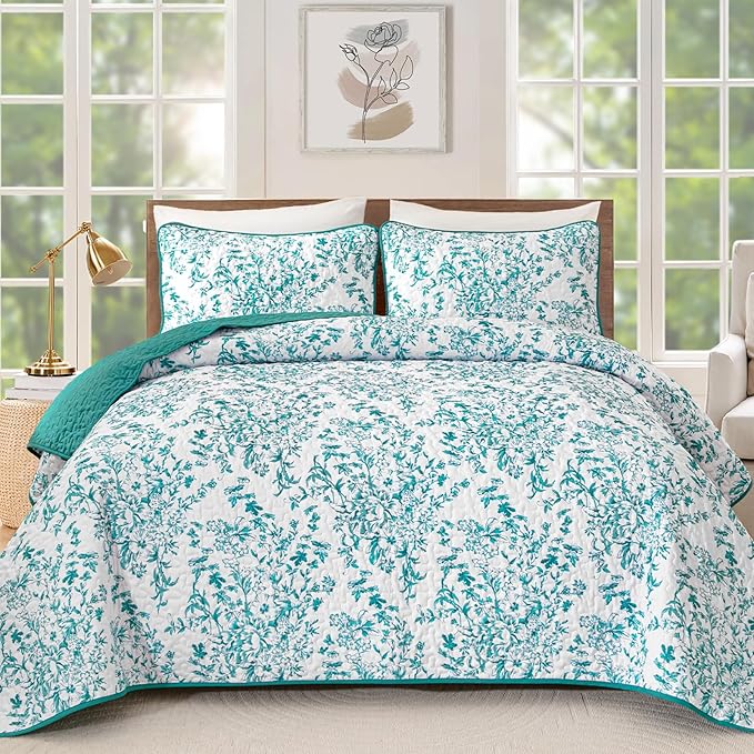 WONGS BEDDING Quilt King Size, Teal Quilt Bedding Set with 2 Pillowcases, Botanical Quilt for King Bed, Soft Microfiber Lightweight Coverlet Bedspread for All Season (110"×90", 3 Pieces)