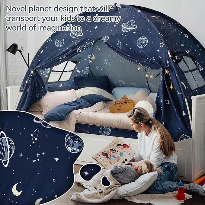Toddler Bed Tent Full, Space Canopy Indoor for Kids Boys, Kids Bed Canopy Full Size, Galaxy Dome Playhouse Tents Floor Privacy Space on Bed Sleeping Tent for Girls Birthday Toy House Gift