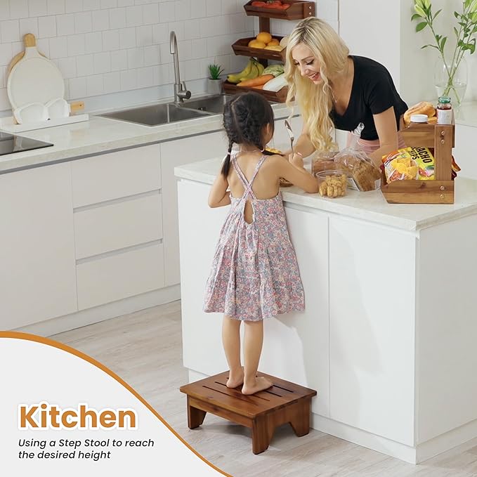 Holana 6.5" Wooden Step Stool for Adults (No Assemble Required)- 500 Lbs One Step Stools for High Bed Riser - Small Stepping Stool for Elderly, Seniors, Kid/Bathroom, Bed, Kitchen (Acacia)