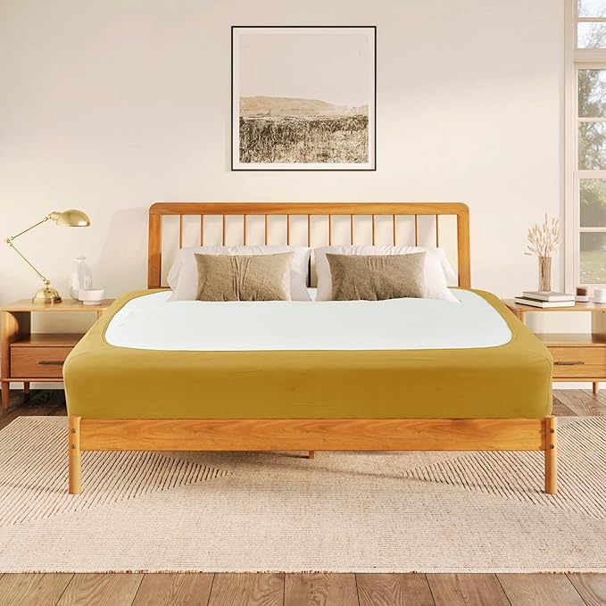 Biscaynebay Decorative Box Spring Cover Full & Full XL Size, Gold Luxurious Jersey Knitting Stretchy Wrap Around 4 Sides Bed Skirt for Home/Hotels, Easy Fit Wrinkle & Fade Free Machine Washable