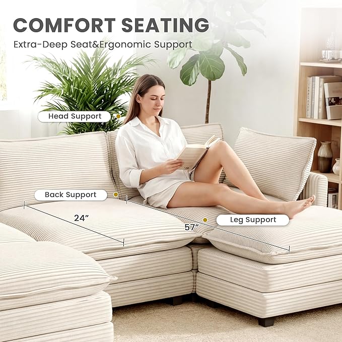 112'' Sectional Modular Cloud Couch, Oversized 5 Seat Couches U Shaped Sofa with 2 Movable Ottomans, 2 Throw Pillows, Upholstered Corduroy U Shape Comfy Deep Couches for Living Room and Office, Beige