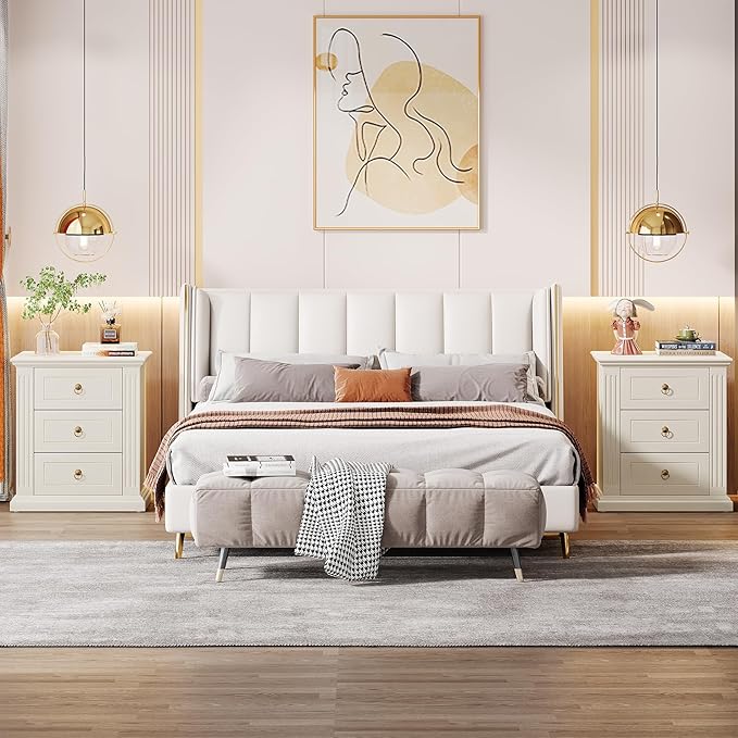 Tribesigns 3-Drawer Nightstand Set of 2, Modern Bedside Table with Storage Drawers, Wood Night Stand Side End Table for Bedroom, Beige