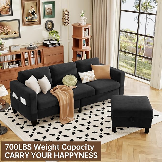 ZeeFu Sectional and Sofa Couches for Living Room - 78'' 3 Seater L-Shaped Modular Couch with Storage Ottoman - Modern Velevt Fabric Upholstered Sofa Set for Small Space Apartment Office