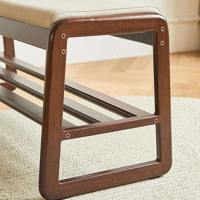 Solid Wood Shoe Bench, 2-Tier Wooden Storage Entryway Bench, Mid-Century Modern Shoe Bench Rack, End of Bed Bench with Faux Leather Cushion, Ottoman Bench for Hallway, Living Room (Cream Grey 31.5'')