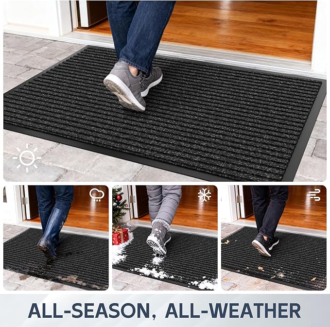 Front Door Mat, 48" x 36" Heavy Duty Indoor Outdoor Doormat, Non-Slip Welcome Mats for Entryway, Rubber Backing Low Profile Commercial Door Mats, Black Stripe