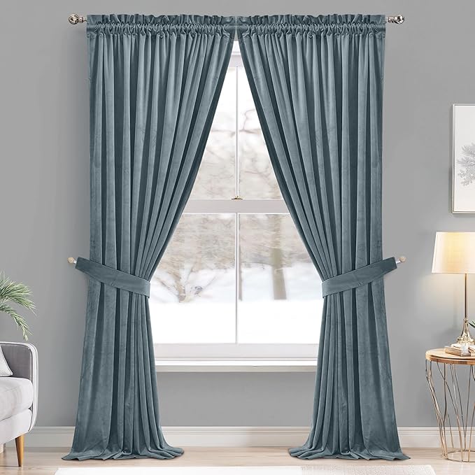 StangH Stone Blue Velvet Curtains 108 inches Length Super Soft Kids Bedroom Window Curtains Skin Friendly Light Dimming Drapes for Room Divider/Dining Room, W52 x L108, 2 Panels