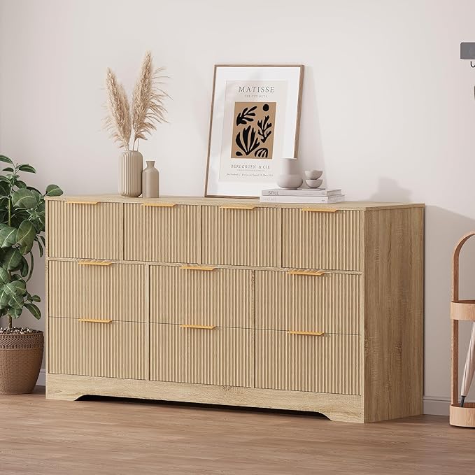 GarveeHome Fluted Dresser for Bedroom with 10 Drawers, 59" Wide Modern Chest of Drawers with Wood Frame, Dresser TV Stand Wooden Closet Clothes Storage Organizer for Living Room, Hallway