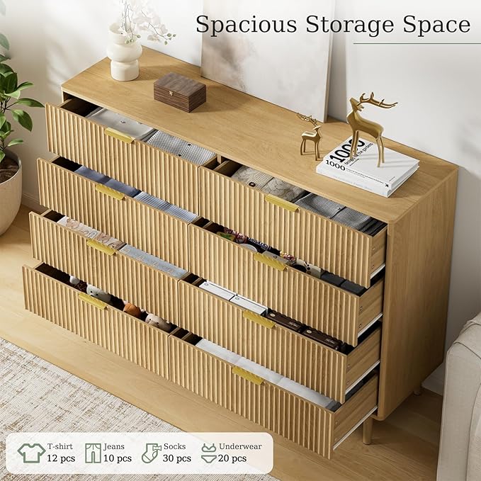 LYNSOM Fluted Dresser and Nightstand Sets 3 Piece, 9-Drawers Dresser and 1-Drawer Nightstands Set of 2, Wood Bedroom Furniture Set for Home, Bedroom, Hallway, Oak