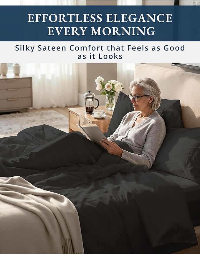 LANE LINEN 1000TC 100% Egyptian Cotton Split King Bed Sheets for Adjustable Beds - Fully Elasticized Reinforced Seams Extra Deep Pocket Split King Sheet, No Pill Fade Resistant Sheets- Black