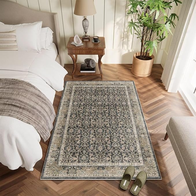 Washable 2x3 Entryway Rug, Boho Non-Slip Door Mat Vintage Distress Small Rugs for Kitchen Nursery Office Bedroom, 0.3" Neutral Oriental Throw Carpet with Cushioning Pad, Sage Green/Blue/Multi