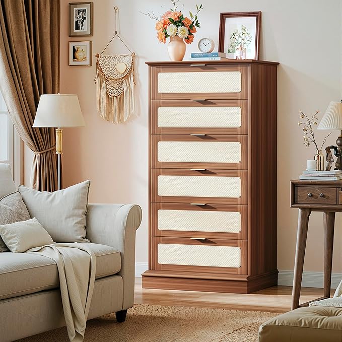 6 Drawer Dresser for Bedroom, 50 Inch Tall Dressers & Rattan Chest of Drawers, Mid Century Style, Wood Modern Dressers Organizer for Bedroom, Living Room, Hallway, Entryway, Walnut