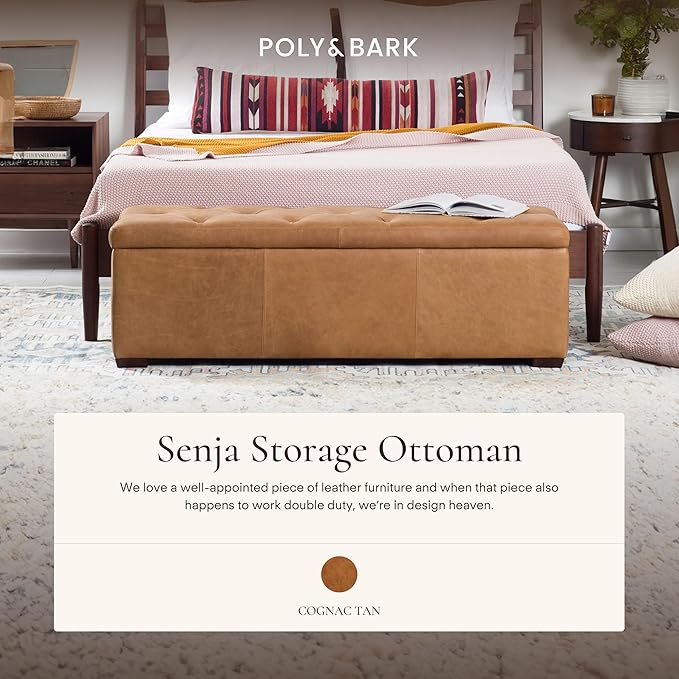 POLY & BARK Senja Storage Ottoman – 52" Large with Feather-Down Topper – Full-Grain Leather Upholstered Ottoman Box – Bench or Bedroom Storage – Vintage Italian Leather in Cognac Tan