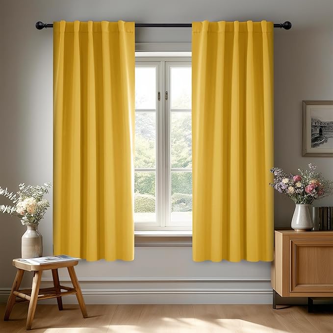 Deconovo Blackout Curtains for Bedroom Solid Room Darkening Rod Pocket and Back Tab Curtains 42Wx63L Inch Mellow Yellow 2 Panels
