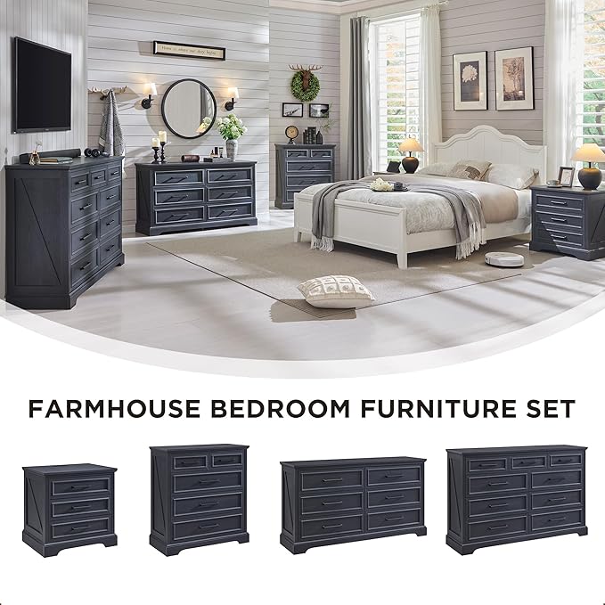 ACCOHOHO Farmhouse Nightstands Set of 2, 22 Inch Wide End Table with Charging Station & 3 Large Drawers, Rustic Wood Small Dresser Chest of Drawers for Bedroom, Living Room, Black