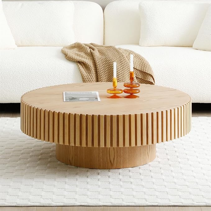 LKTART Round Coffee Table for Living Room, Accent Fluted Drum Coffee Table with Storage, Modern Solid Wood Circle Center Tea Table for Small Space Apartment (31.5''D×14''H-Natural)