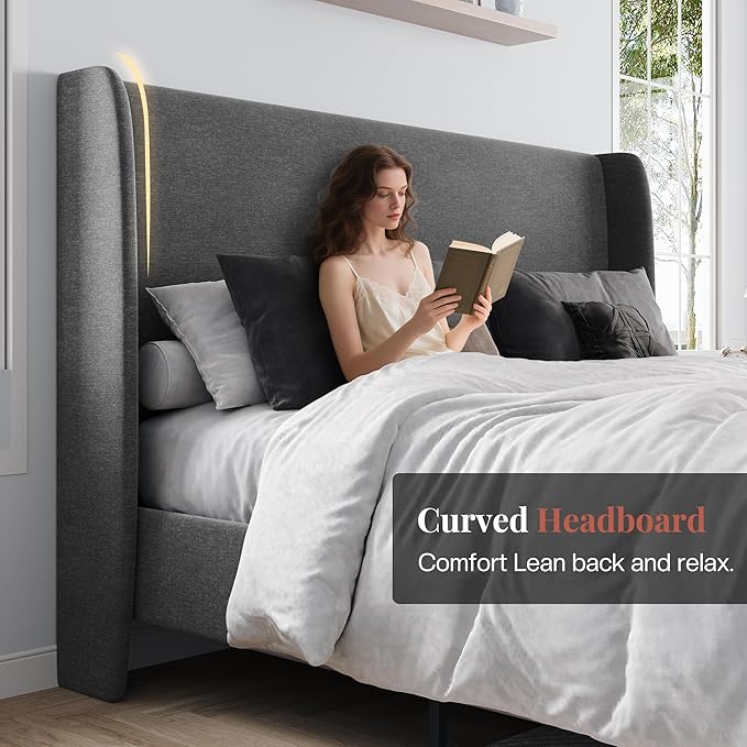 Jocisland King Upholstered Platform Bed Frame with 51.2" Tall Wingback Headboard–Solid Wood Legs, No Box Spring Needed, Dark Grey Linen–Modern Style for Any Bedroom