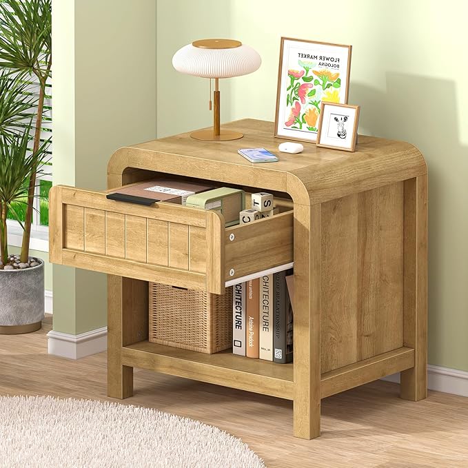 IKENO Wood Nightstand with Storage Drawer, 21" Wide Night Stand with Curved Profile Design, Bedside End Table for Bedroom, Living Room, Closet (1, Natural Oak, 1 Drawer)