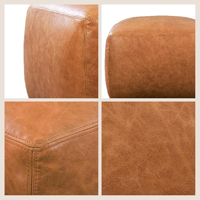 POLY & BARK Denver Ottoman – 43" Large Pouf with Feather-Down Topper – Full-Grain Leather Upholstered Pouf Ottoman for Living Room – Vintage Italian Leather in Cognac Tan