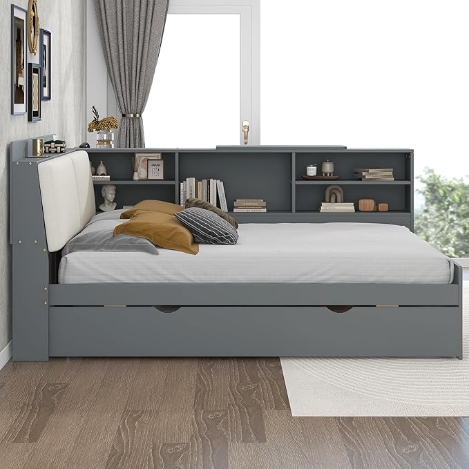 Ball & Cast Full Size Wooden Storage Daybed Frame, Modern Platform Bed with Trundle & Flip Headboard & Shelves, L Shaped Full Floor-Bed w/Upholstered Headboard&Storage, No Box Spring Needed, Gray