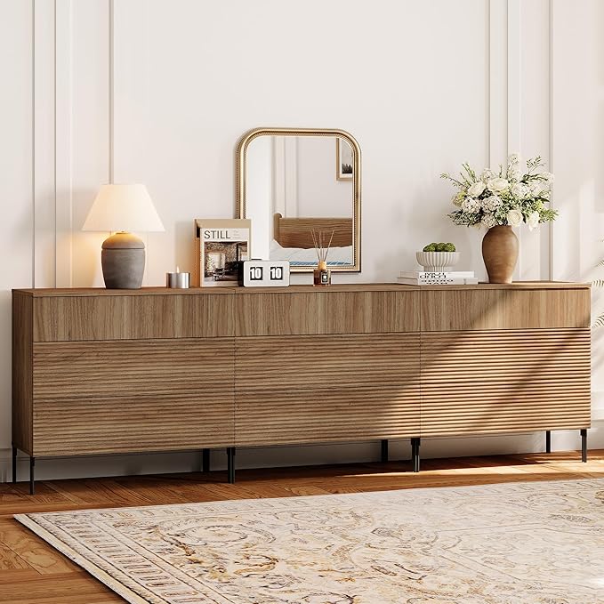 WAMPAT 94.5" W Fluted Dresser for Bedroom, Modern 9 Drawer Dresser TV Stand with Hidden Handles, Wooden Chest of Drawers Closet Clothes Storage Organizer for Bedroom, Living Room, Light Walnut