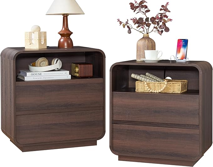 Walnut Curved Nightstand Set of 2 with Charging Station, 23.2" Wide Wood Bedside Table 2 Storage Drawers, Modern Side Table Handleless, Large End Table Night Stand for Bedroom