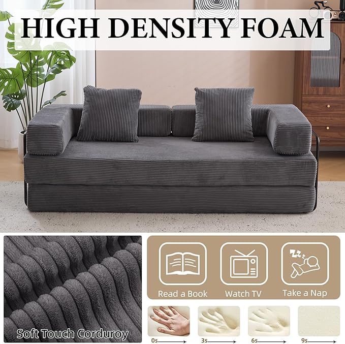 4-in-1 Convertible Folding Sleeper Sofa Bed, Fold Out Floor Sofa Couch with Fixed-Shape Frame, Cloud Corduroy Foldable Mattress Couch for Living Room Bedroom (77" Corduroy, Dark Grey)