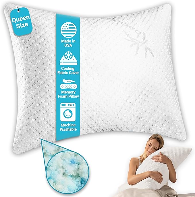 Xtreme Comforts Memory Foam Pillows Made in The USA - Queen Size, Slim Cooling Pillow for Sleeping on Side, Back & Stomach - Firm and Soft Bed Pillows