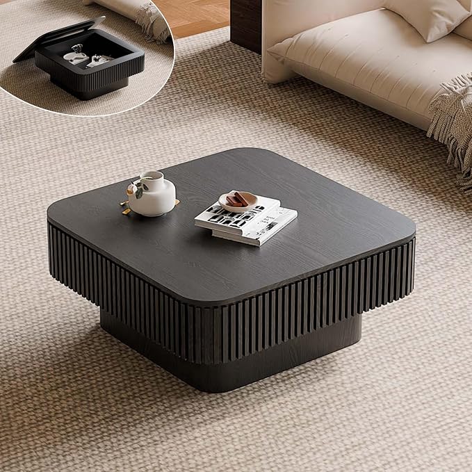 Square Small Coffee Table with Storage, Modern Wooden Coffee Table with Solid Wood Veneered, Fluted Center Table Drum Tea Table for Living Room Apartment, 31.5''L×31.5''W×14''H