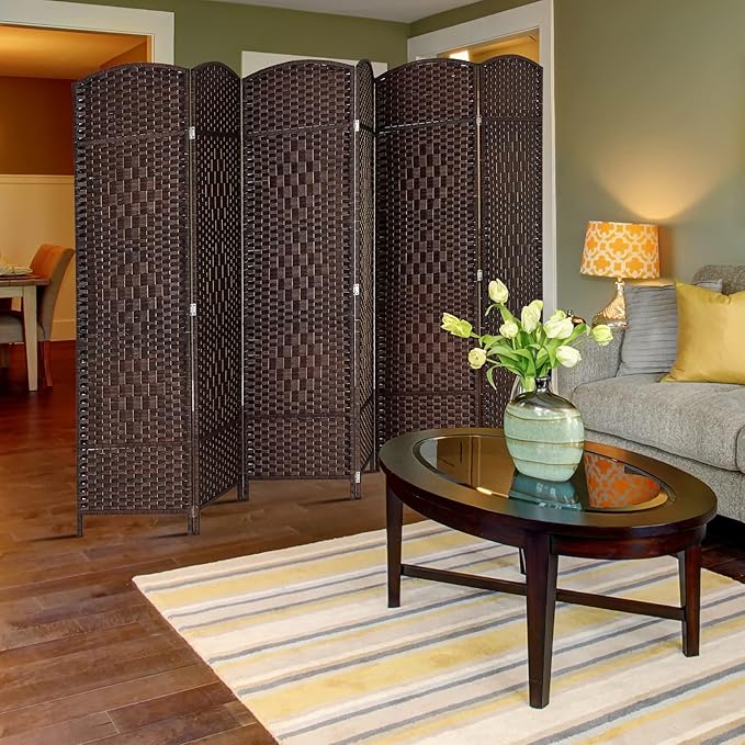 VINGLI 6-Panels Tall Rattan Room Divider, 6 FT Folding Privacy Screen, Indoor Partition Wall Dividers, Freestanding Hinged Space Separator (Dark Brown)