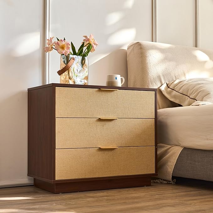 Saint Mossi Modern Nightstand with 3 Drawers, Large Rattan Night Stand, Natural Wood Bedside Table Storage Cabinet, Sofa End Tables Dresser for Living Room, Hallway, Closet, D27xW16xH23