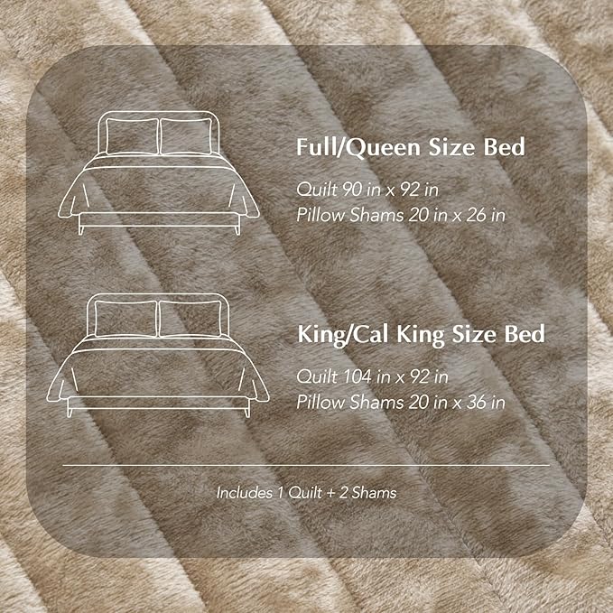 EVERGRACE Velvet Quilt Set Queen Size, Luxurious Soft Striped Channel Bedding Set, Lightweight Velvet Comforter for All Season, Oversized Bedspread Coverlet with 2 Matching Shams, Beige Taupe