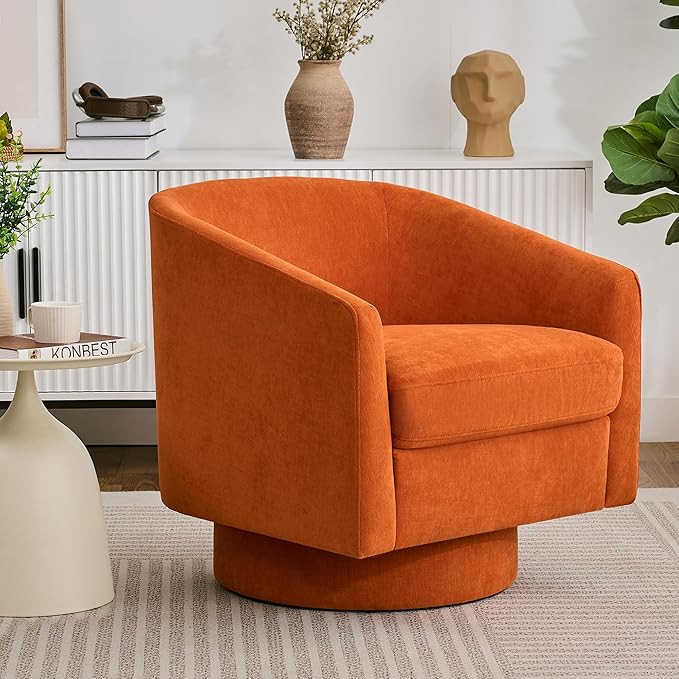 Swivel Barrel Accent Chair, Round Chenille Fabric Living Room Arm Chairs, Modern Upholstered Comfty Reading Nook Chairs for Bedroom, Small Club Armchair, Single Sofa Side Chair, Orange