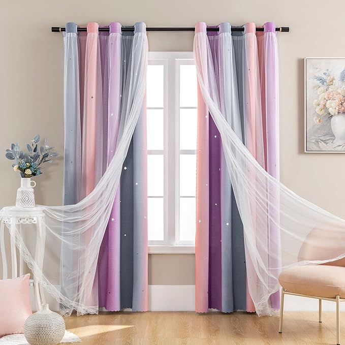 XiDi Dream Star Blackout Curtains for Kids Rooms Girls Princess Curtain for Bedroom Window 84 inches Long (Grey Pink Purple, W52 X L84)