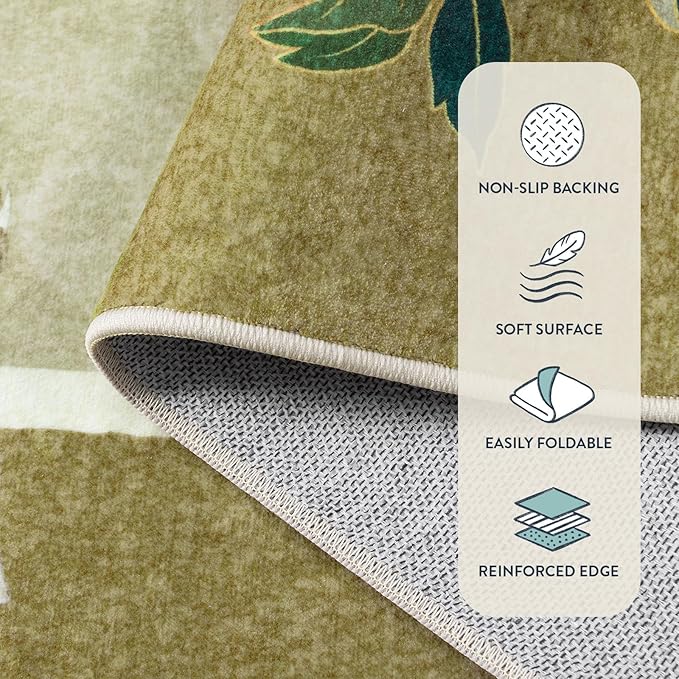 Lahome Peacock Washable Rugs 5x7, Soft 5x7 Rugs for Living Room Bedroom, Floral Vintage Non-Slip Low Pile Stain Resistance Carpet for Farmhouse Dining Room Office, Beige