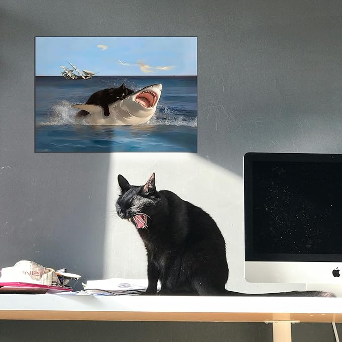 BFKDKG Framed Black Cat Wall Art, Funny Quirky Cat and Shark Pictures Canvas Print, Abstract Black Cat Shark Posters Wall Decor for Room Bedroom Living Room Bathroom 16x24in