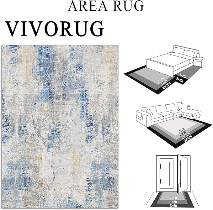 8x10 Area Rugs for Living Room, Non-Slip Backing Washable Rug 8x10, Large Area Rug Soft Carpet for Bedroom Dining Room, Modern Abstract, Easy Clean, Durable, Blue Ivory Yellow