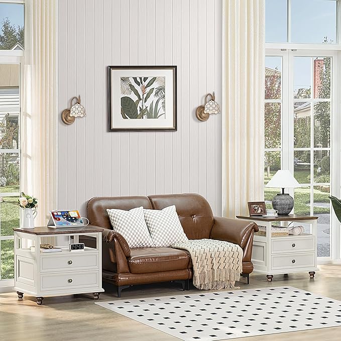 Farmhouse Nightstand with Charging Station, 24" Wide End Table with 2 Drawers,White Wood Dresser for Bedroom, Bed Side Table Chest of Drawers Cabinet,Night Stand for Living Room, Closet