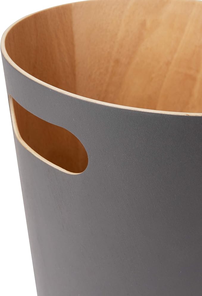 Umbra Woodrow 2-Gallon Modern Wooden Trash Can Wastebasket, Attractive Bin for Garbage or Recycling, Suitable for Home or Office, Dark Grey/Natural