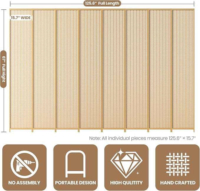 8 Panel Room Divider and Extra Wide Folding Privacy Screen, 126" W x 67" H, Bamboo Room Divider for Room Separation