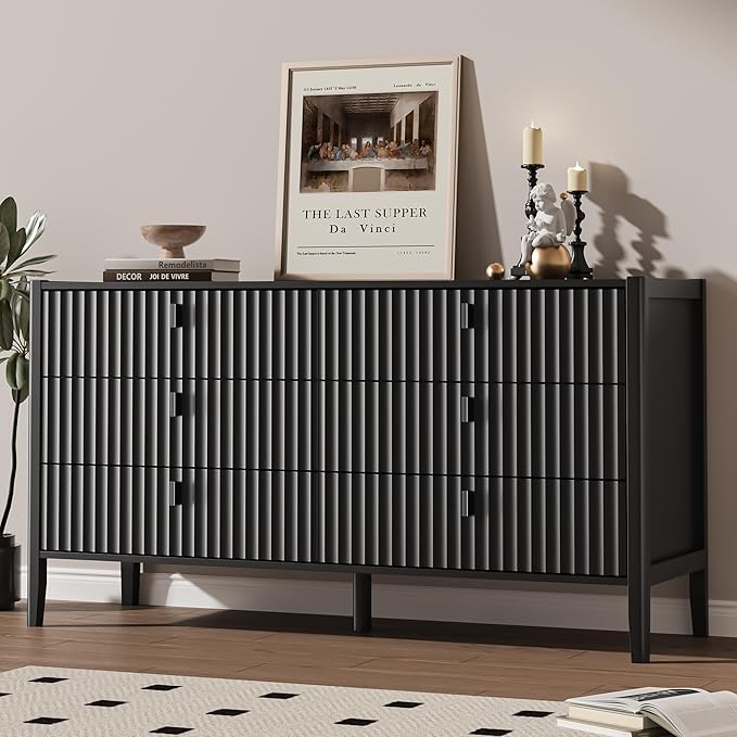 Black 6 Drawer Dresser for Bedroom, Modern Wood Dresser, Fluted Design Double Chest of Drawers with Wood Legs, TV Stand Storage Cabinet for Bedroom, Living Rooms, Offices, and Entryways