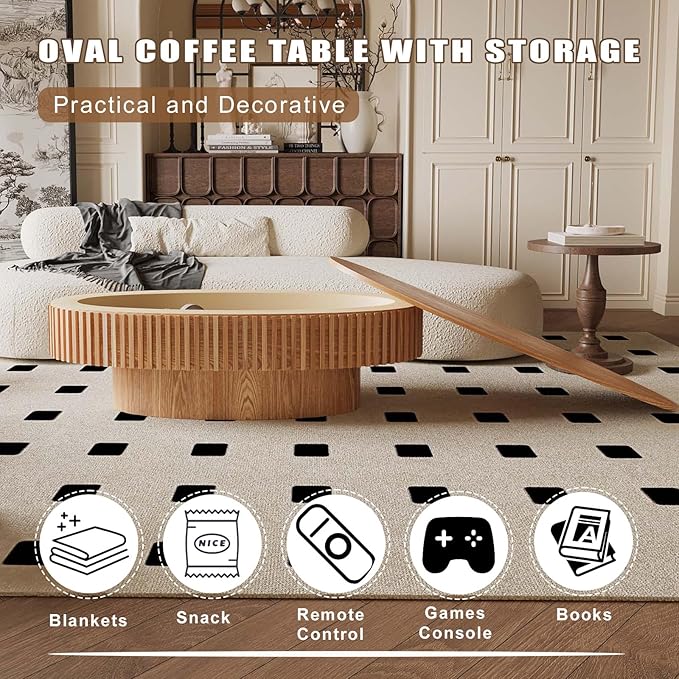 Oval Coffee Table with Storage, Modern Wooden Coffee Table with Solid Wood Veneered, Fluted Center Table Drum Tea Table for Living Room Apartment, 47.2''L×23.6''W×14.2''H