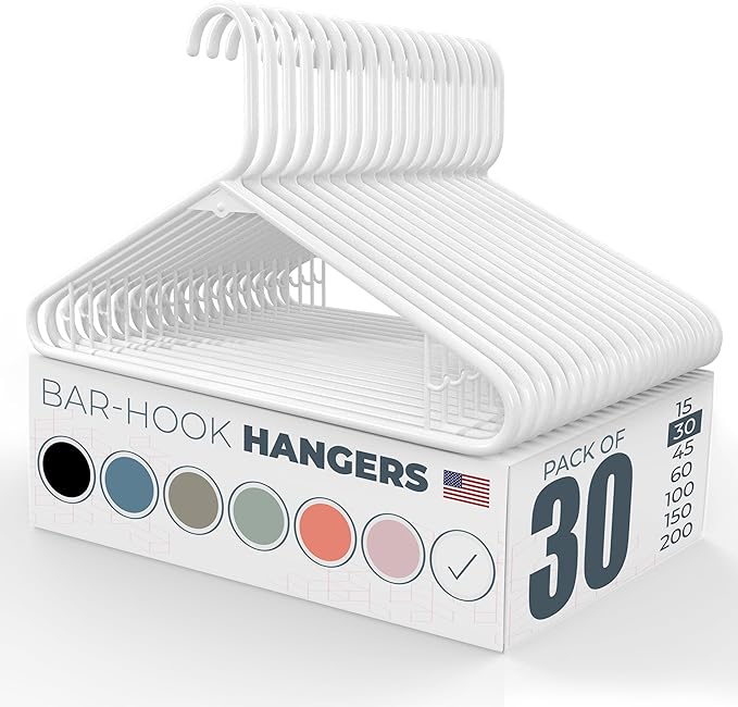 Neaties Plastic Hangers 30 Pack – Made in The USA – 6lb Capacity Standard Clothes Hangers with Strap Hooks for Dresses, Lingerie, Shirts, Pants, and Jackets – White