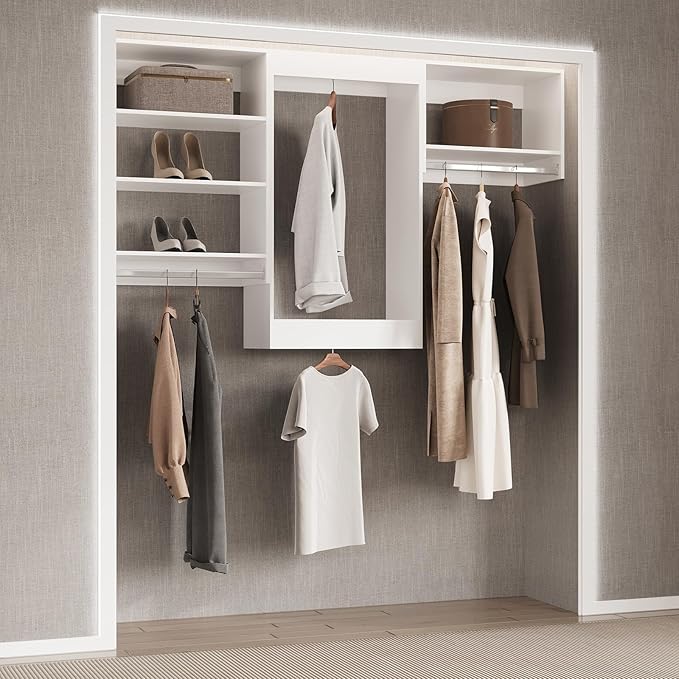 Medium Double Hanging Closet Unit, Modular Closet System, Wood Closet System Organizer with Storage for Walk In Closets, Clothing Rack Closet for Hanging Clothes, Bedroom, White, 31.5"W