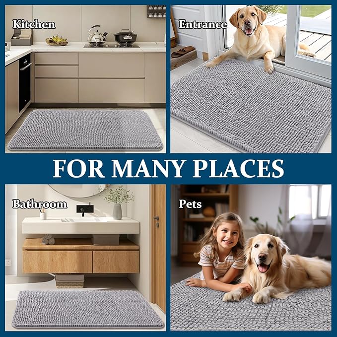 OLANLY Dog Door Mat for Muddy Paws 48x30, Absorbs Moisture and Dirt, Absorbent Non-Slip Washable Doormat, Quick Dry Chenille Mud Mat for Dogs, Entry Indoor Entryway Carpet for Inside Floor, Light Grey