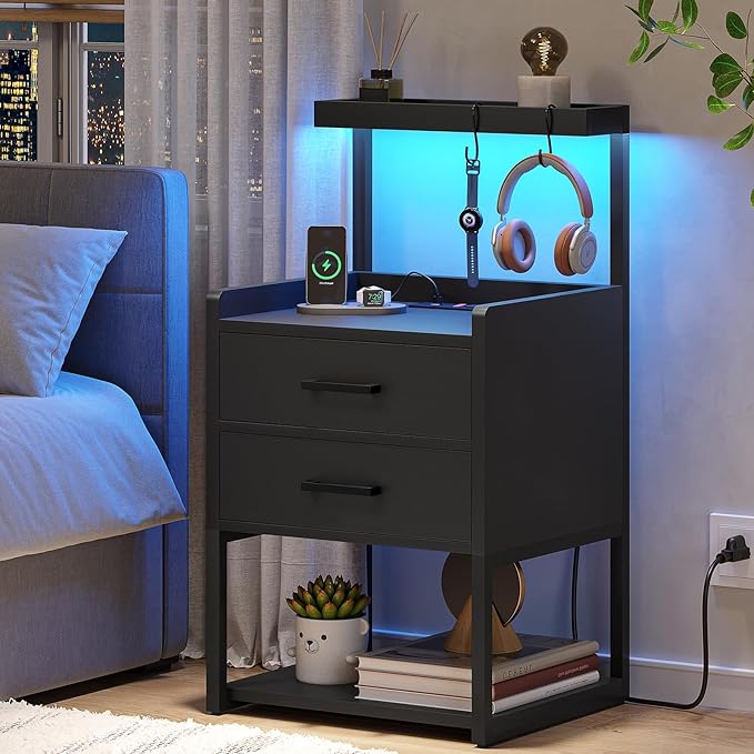 VIAGDO Nightstands Set of 2 with Charging Station, LED Night Stand with 2 Drawers, Black Modern Bedside Tables with Open Storage Shelves, End Side Tables for Bedroom, Office